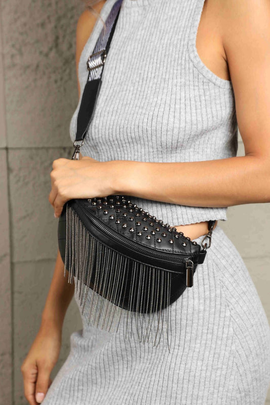 Fable & Fringe PU Leather Studded Sling Bag with Fringes