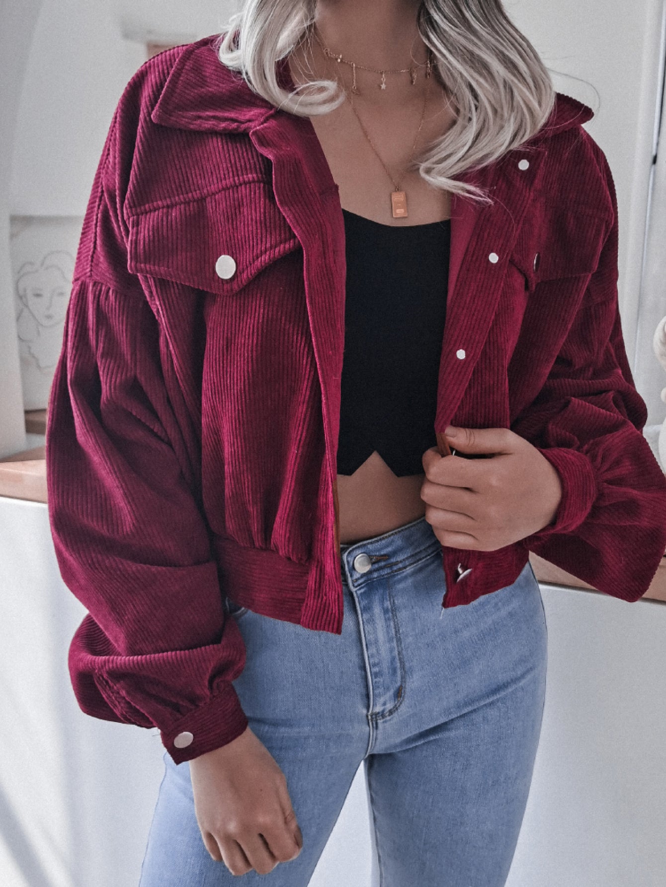 Fable & Fringe Lantern Sleeve Cropped Corduroy Jacket