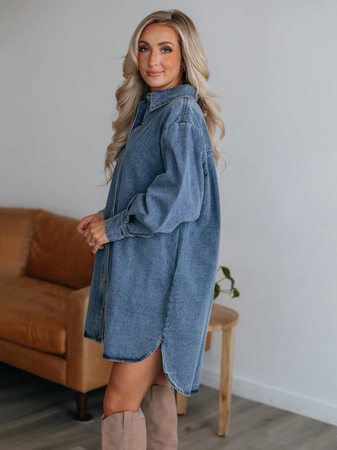 Fable & Fringe Button Up Collared Neck Long Sleeve Denim Dress