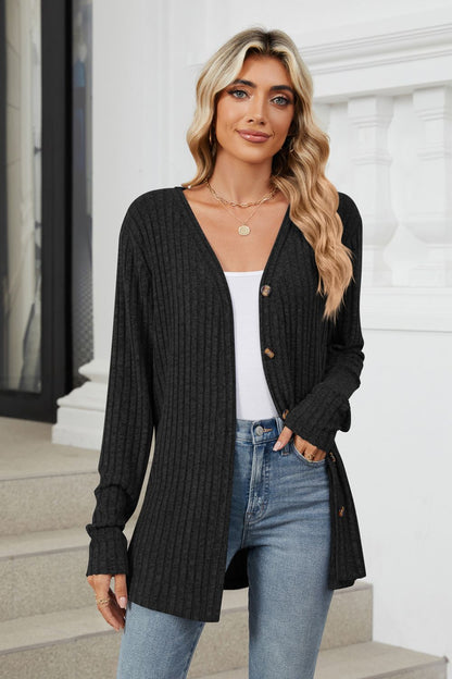 Fable & Fringe Ribbed Button Up Long Sleeve Cardigan