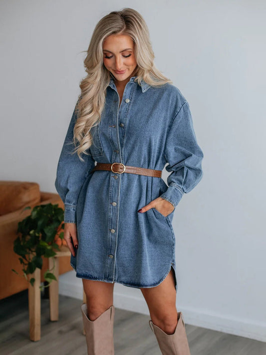 Fable & Fringe Button Up Collared Neck Long Sleeve Denim Dress