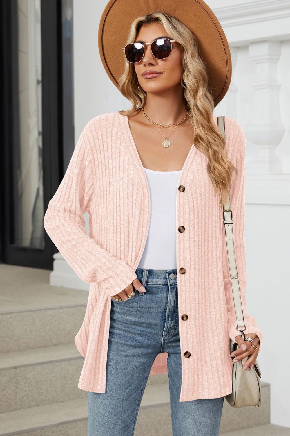 Fable & Fringe Ribbed Button Up Long Sleeve Cardigan