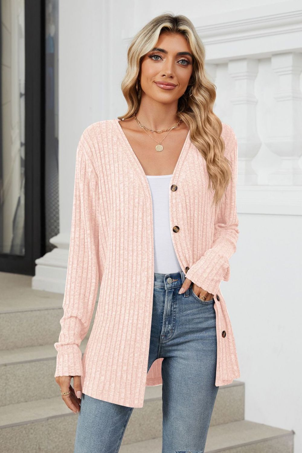 Fable & Fringe Ribbed Button Up Long Sleeve Cardigan