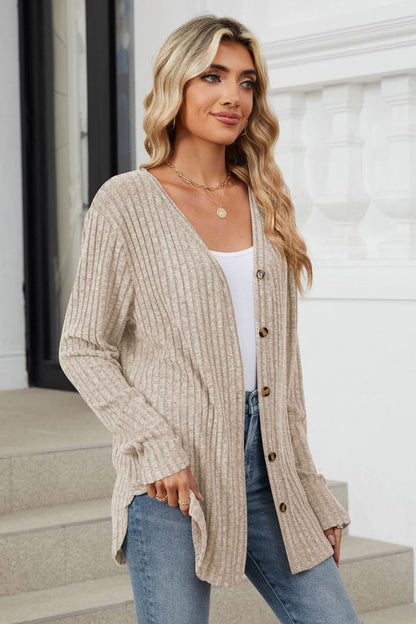 Fable & Fringe Ribbed Button Up Long Sleeve Cardigan