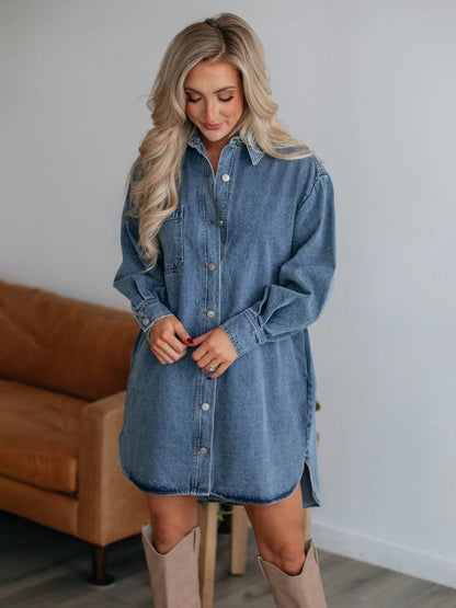 Fable & Fringe Button Up Collared Neck Long Sleeve Denim Dress