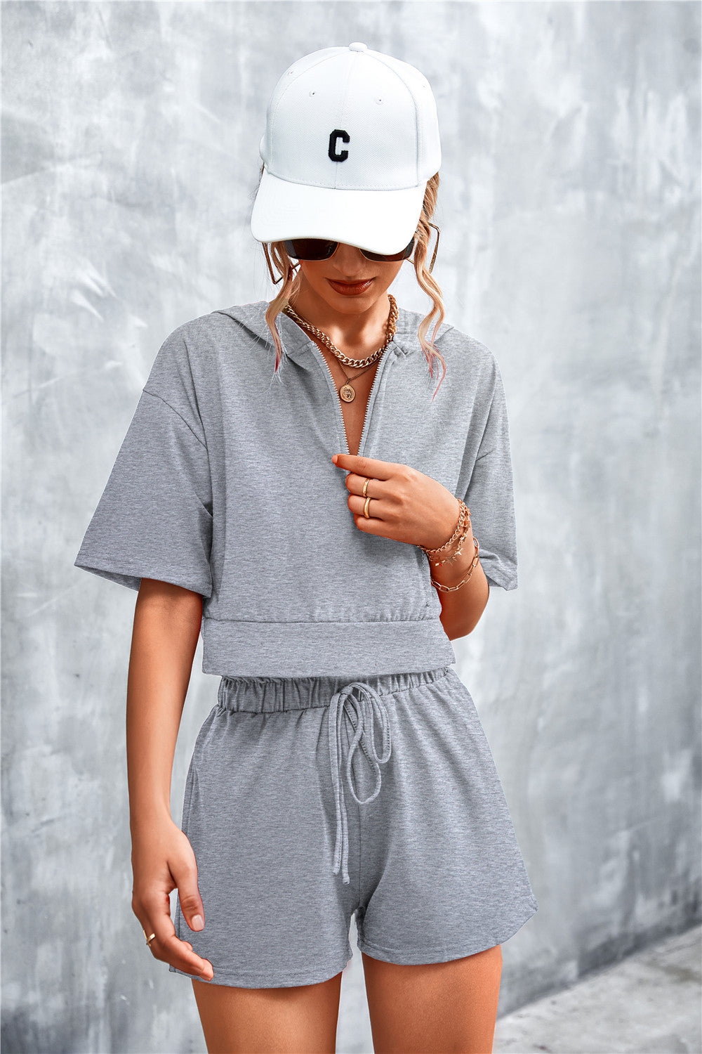 Fable Essentials Running Errands Half Zip Cropped Hooded and Shorts Set