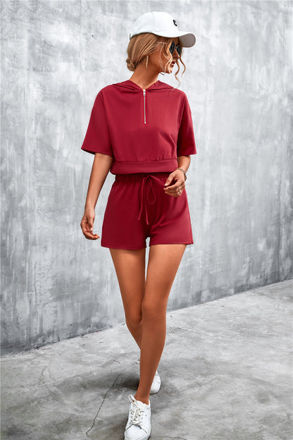 Fable Essentials Running Errands Half Zip Cropped Hooded and Shorts Set