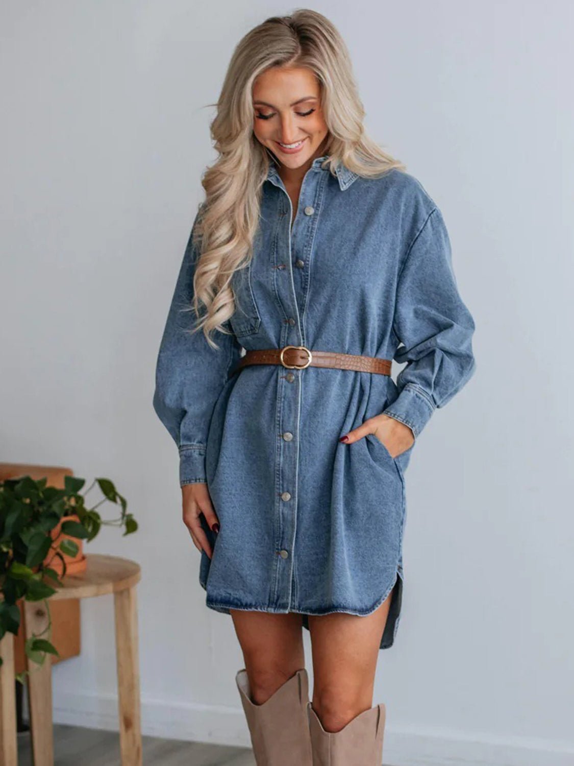 Fable & Fringe Button Up Collared Neck Long Sleeve Denim Dress