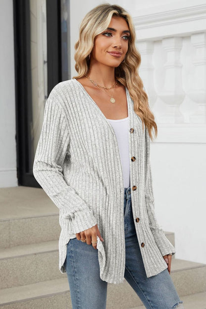 Fable & Fringe Ribbed Button Up Long Sleeve Cardigan