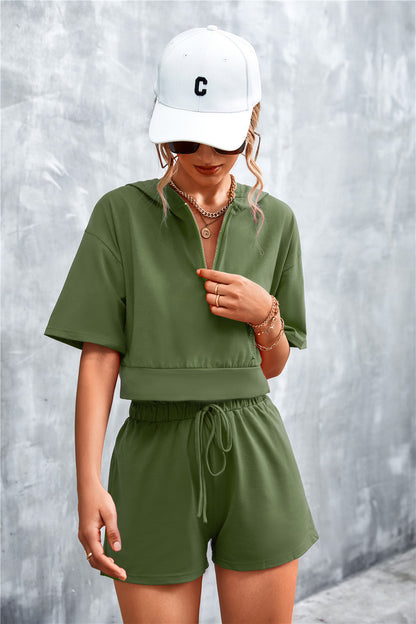 Fable Essentials Running Errands Half Zip Cropped Hooded and Shorts Set