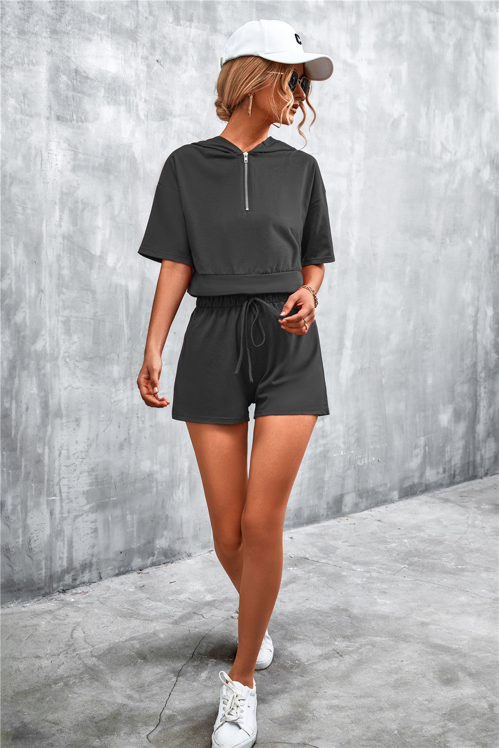 Fable Essentials Running Errands Half Zip Cropped Hooded and Shorts Set