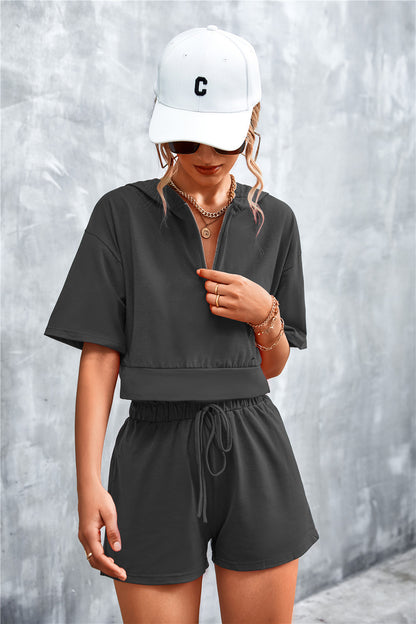 Fable Essentials Running Errands Half Zip Cropped Hooded and Shorts Set