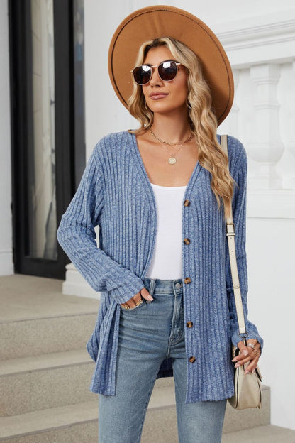 Fable & Fringe Ribbed Button Up Long Sleeve Cardigan