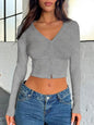 Lily Basic Buttoned V-Neck Long Sleeve T-Shirt