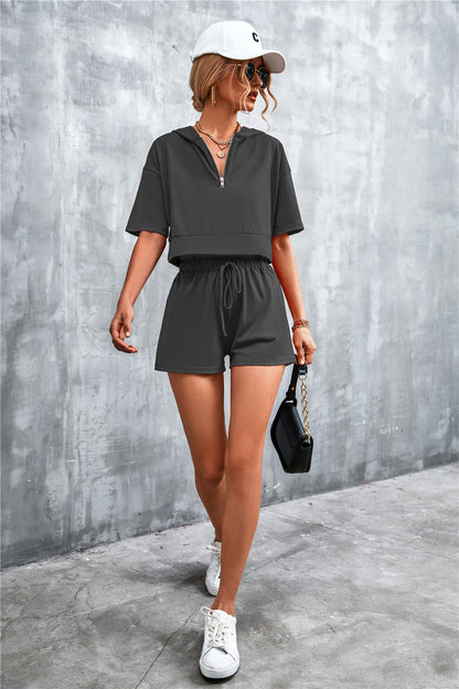 Fable Essentials Running Errands Half Zip Cropped Hooded and Shorts Set