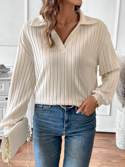 Fable & Fringe Ribbed Collar Long Sleeve T-Shirt