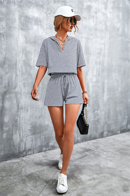 Fable Essentials Running Errands Half Zip Cropped Hooded and Shorts Set