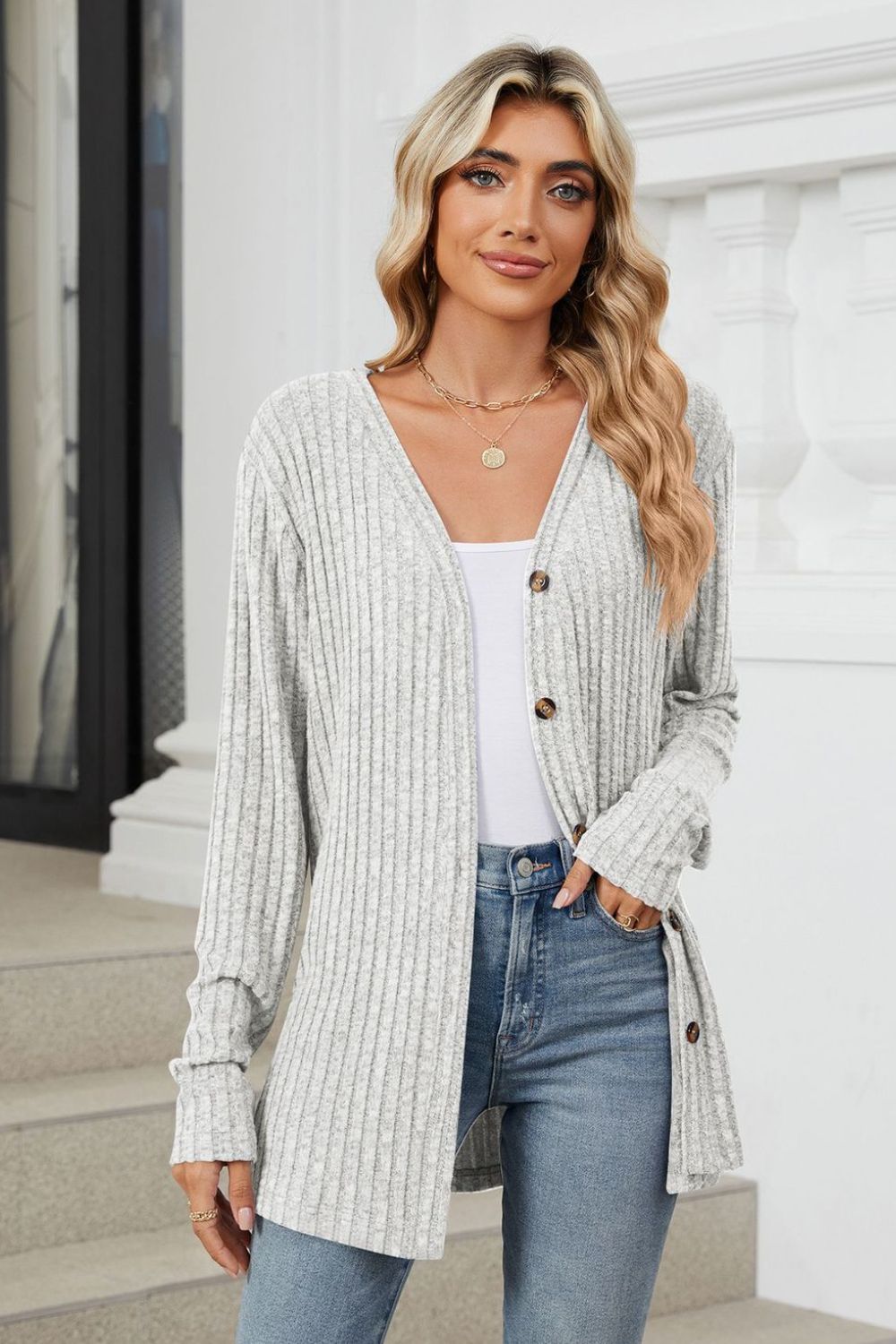 Fable & Fringe Ribbed Button Up Long Sleeve Cardigan