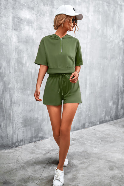 Fable Essentials Running Errands Half Zip Cropped Hooded and Shorts Set