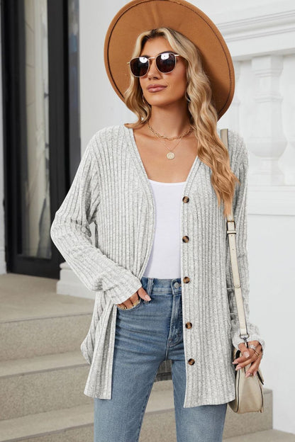 Fable & Fringe Ribbed Button Up Long Sleeve Cardigan