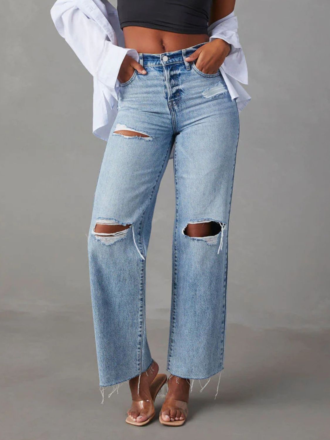 Fable & Fringe Distressed Straight Leg Jeans with Pockets