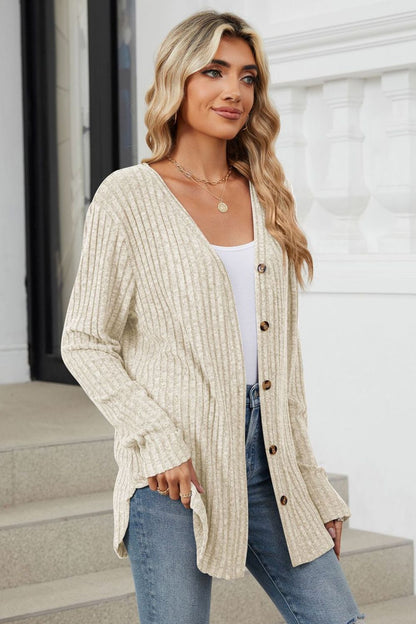 Fable & Fringe Ribbed Button Up Long Sleeve Cardigan