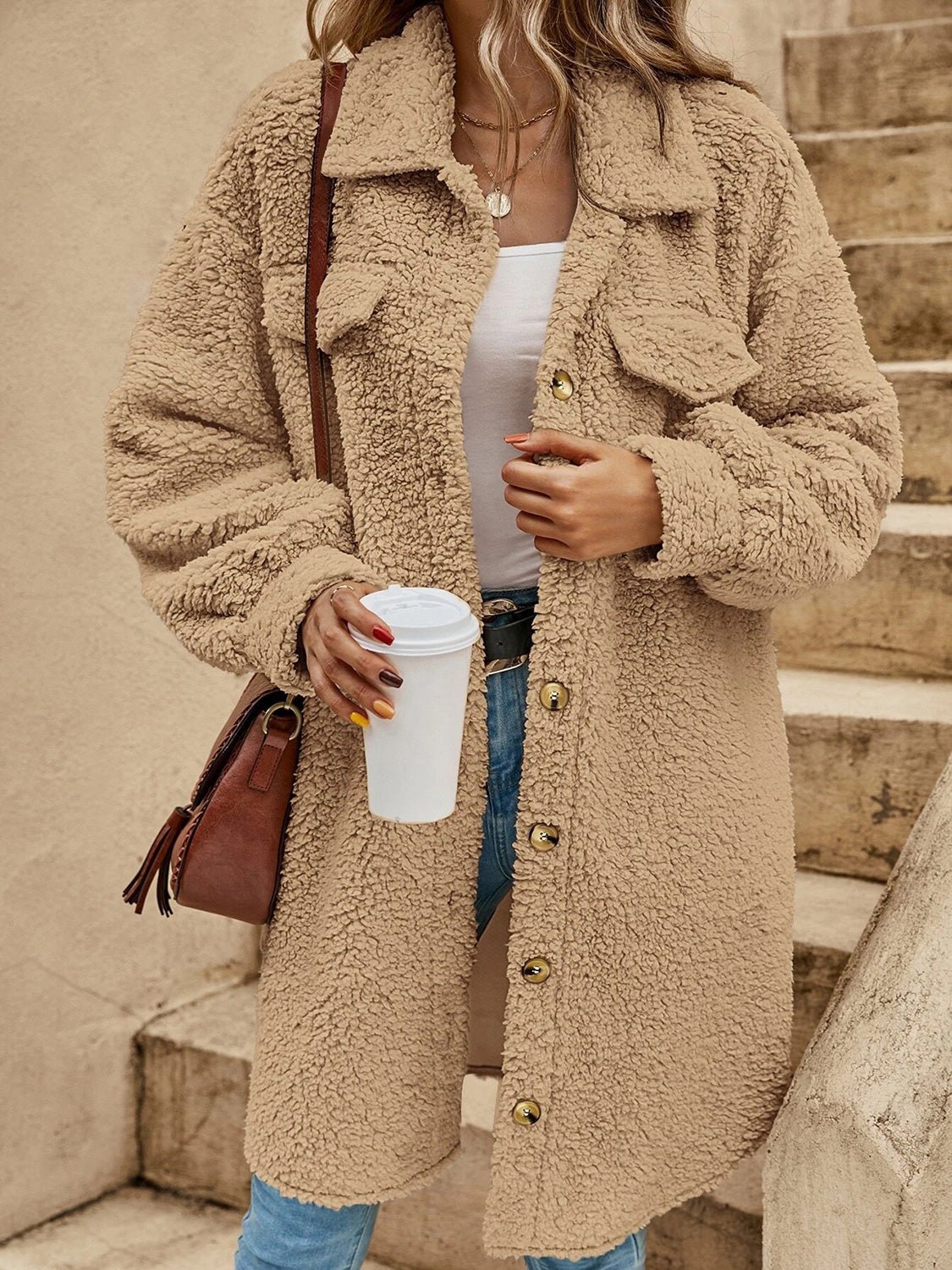 Amber Fuzzy Collared Button Down Coat